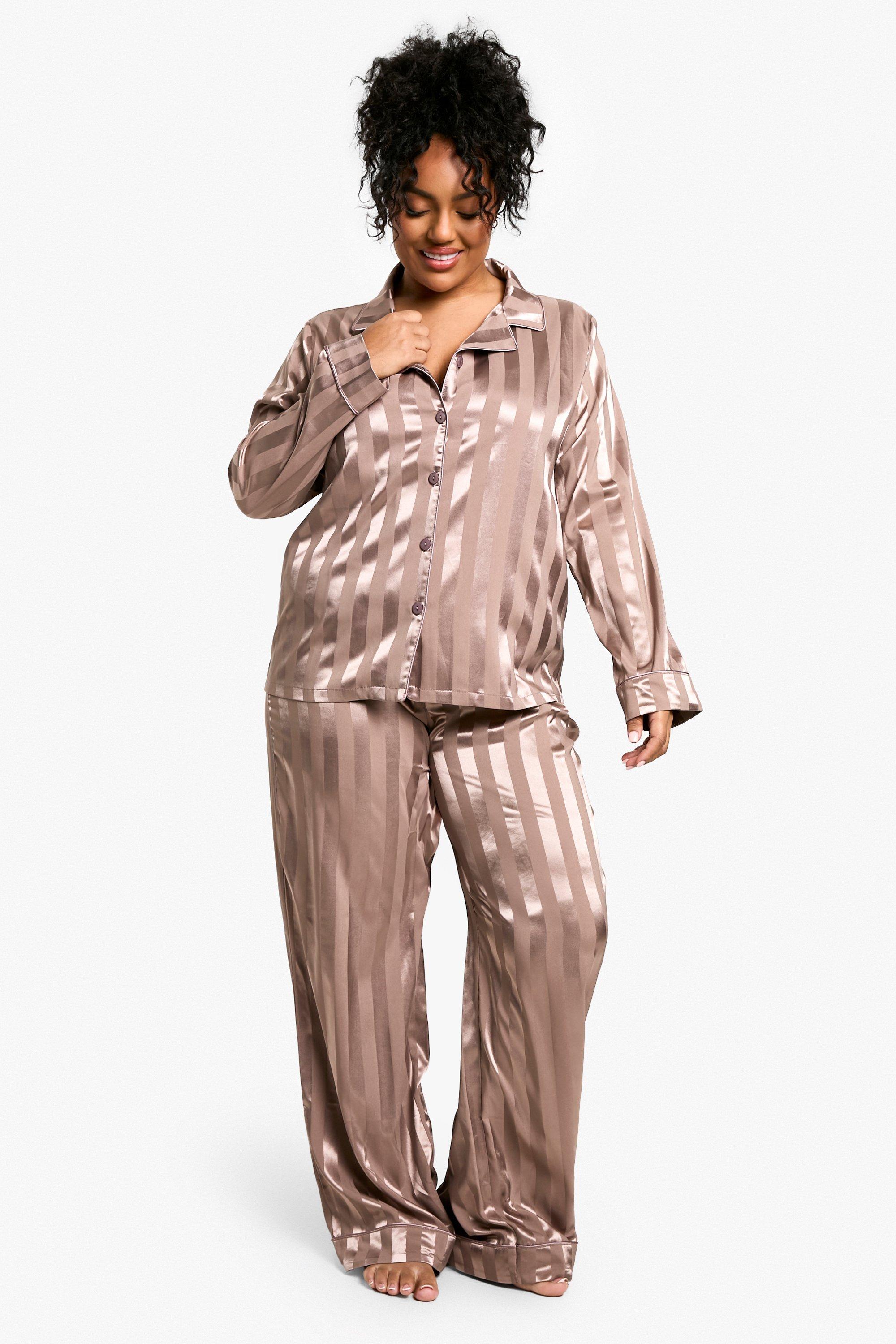 Womens Plus Jacquard Stripe Satin Pj Shirt Set - Brown - 24, Brown